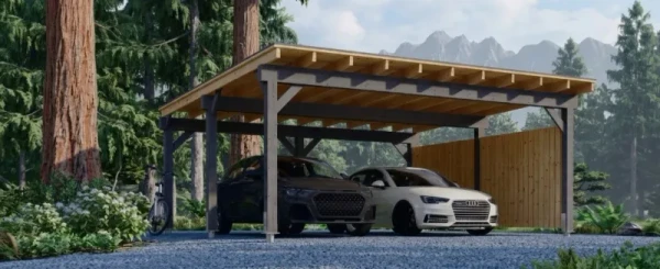 Carport and deck structures built on helical screw pile foundations