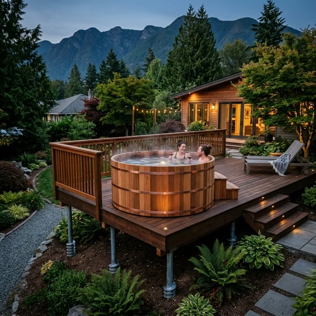 Hot tub on a level screw pile foundation