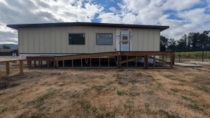 Office Building - Deck framing under way at the entrance, supported on piles