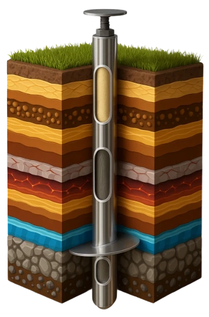 Helical screw pile cross-section through soil layers